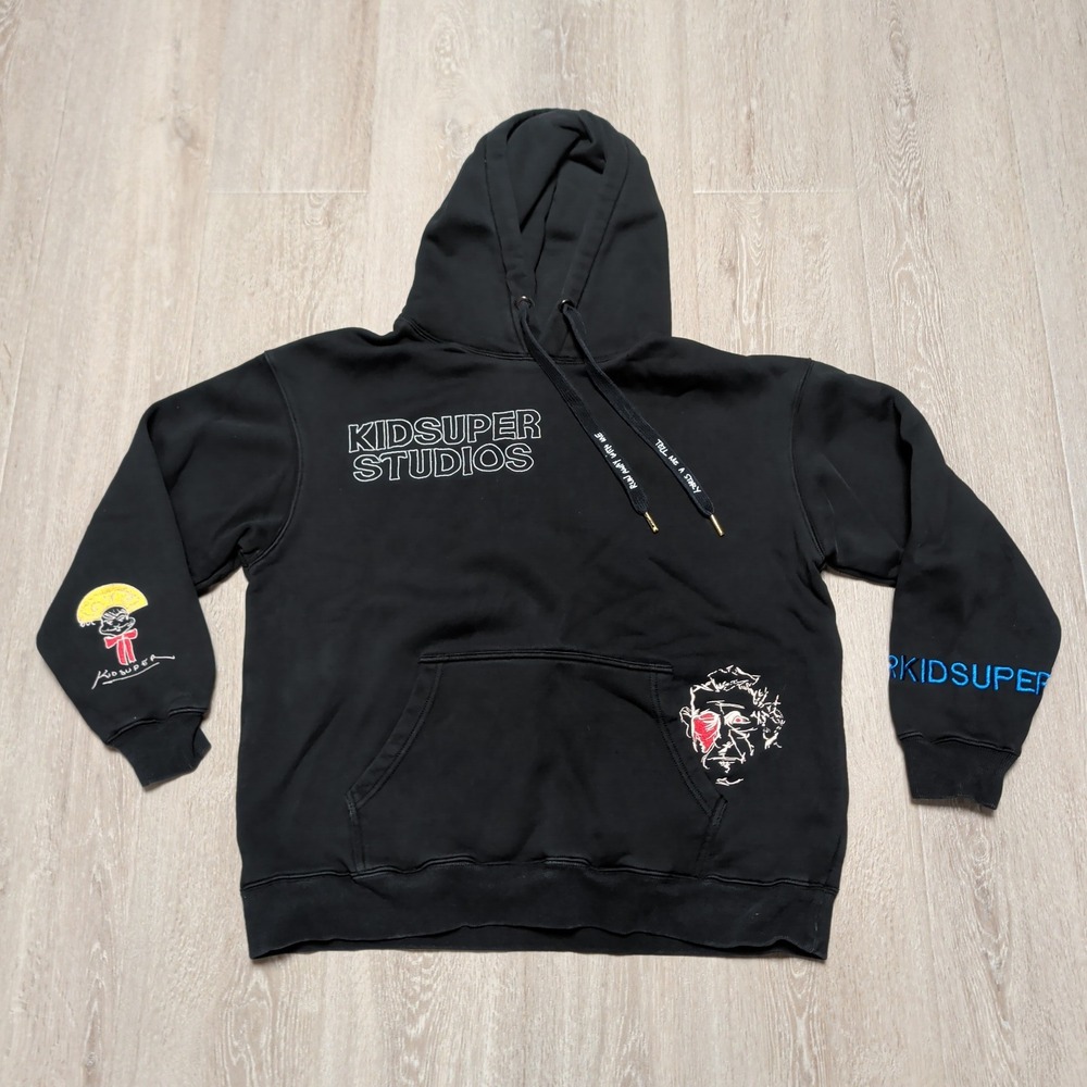 KidSuper Studios Hoodie Mens Medium Black Excellent Embroidered Art Streetwear
